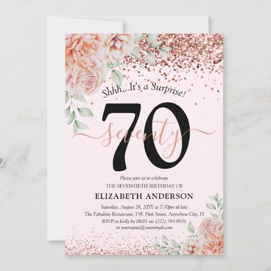 Elegante Roze Bloemen & Glitter 70ste Verjaardagsf Kaart (Voorkant)