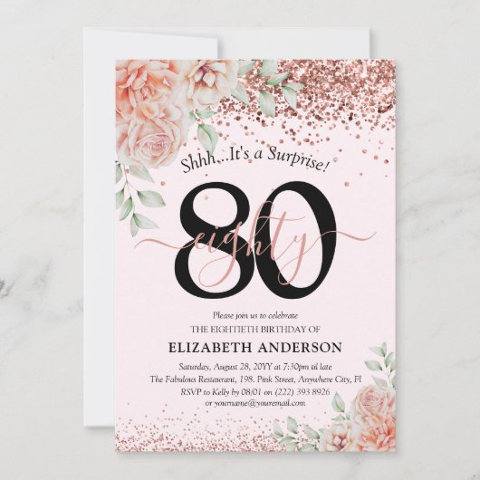 Elegante Roze Bloemen & Glitter 80ste Verjaardagsf Kaart (Voorkant)