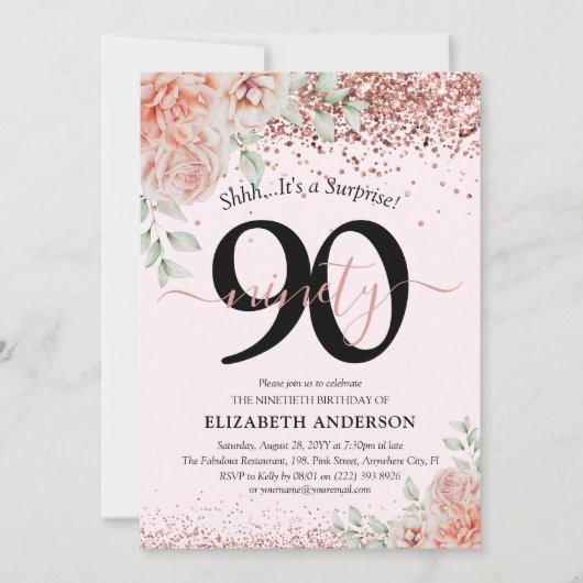 Elegante Roze Bloemen & Glitter 90ste Verjaardagsf Kaart (Voorkant)