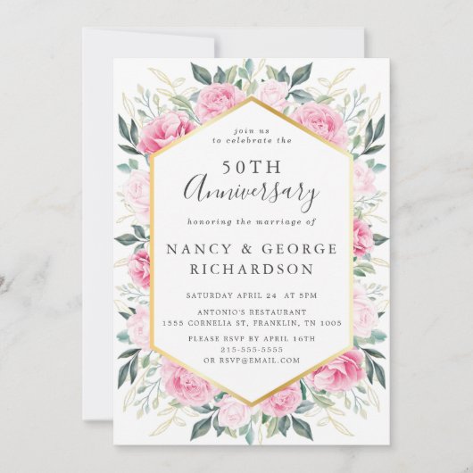 Elegante Roze Bloemen Goud 50ste bruiloft Jubileum Kaart (Voorkant)