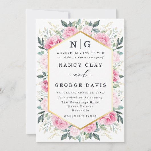 Elegante Roze Bloemen Goud Bladeren Monogram Huwel Kaart (Voorkant)