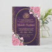Elegante Roze Bloemen Goud Islamitische Aqiqa Aqee Kaart (Staand voorkant)