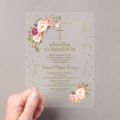 Elegante Roze Bloemen Goud Meisje Heilige Communie Acryl Uitnodigingen (Insitu (Draagbaar))