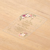 Elegante Roze Bloemen Goud Meisje Heilige Communie Acryl Uitnodigingen (Laagn)