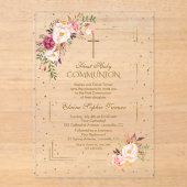 Elegante Roze Bloemen Goud Meisje Heilige Communie Acryl Uitnodigingen (Voorkant)