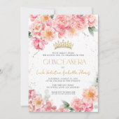 Elegante Roze Bloemen Goud QR Code Quinceañera Kaart (Voorkant)