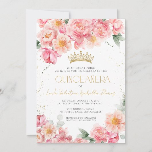 Elegante Roze Bloemen Goud QR Code Quinceañera Kaart (Voorkant)