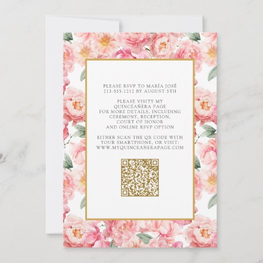 Elegante Roze Bloemen Goud QR Code Quinceañera Kaart (Achterkant)