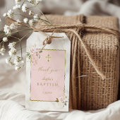 Elegante roze bloemen gouden doop cadeaulabel