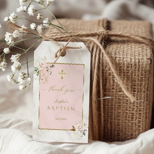 Elegante roze bloemen gouden doop cadeaulabel