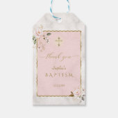 Elegante roze bloemen gouden doop cadeaulabel (Voorkant)