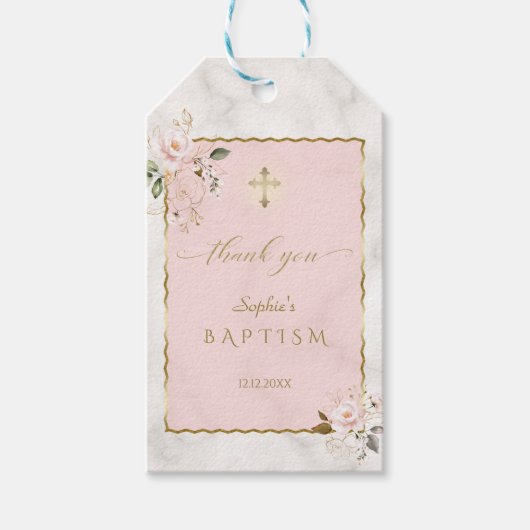 Elegante roze bloemen gouden doop cadeaulabel (Voorkant)