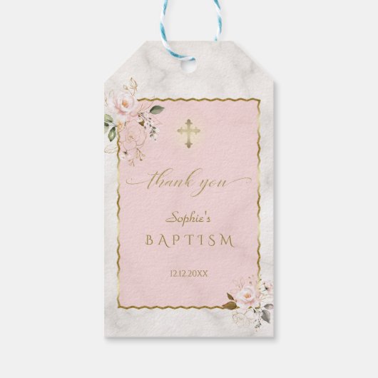 Elegante roze bloemen gouden doop cadeaulabel (Achterkant)