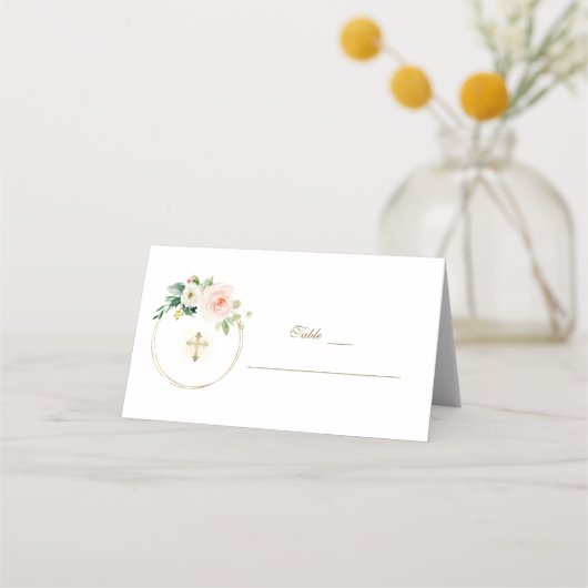 Elegante Roze Bloemen Gouden Doop Tafelnummer  Plaatskaartje (Voorkant)