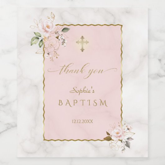Elegante roze bloemen gouden doop wijn etiket (Enkel label)