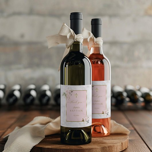 Elegante roze bloemen gouden doop wijn etiket