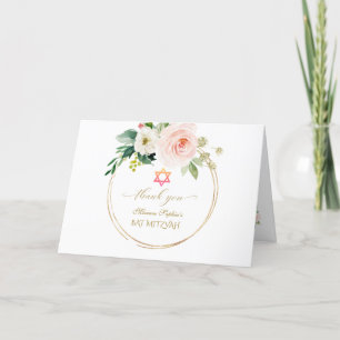 Elegante Roze Bloemen Gouden Foto Bat Mitswa Bedankkaart