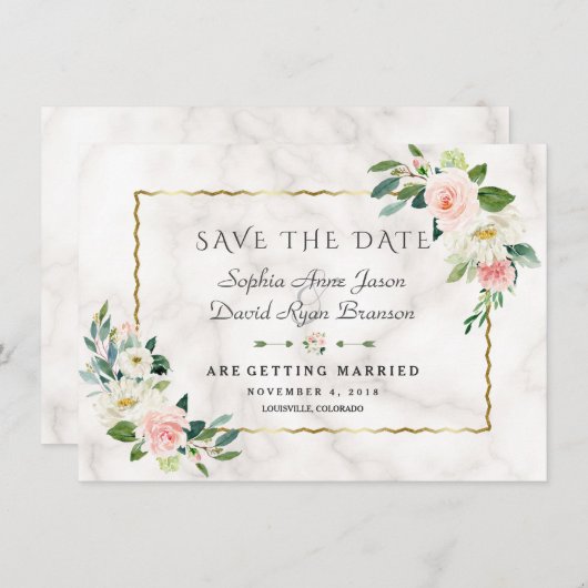 Elegante Roze Bloemen Gouden Frame Marmeren Huweli Save The Date (Voorkant / Achterkant)