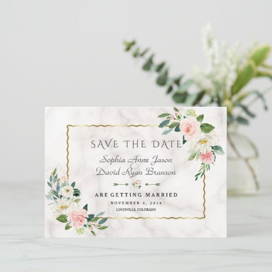 Elegante Roze Bloemen Gouden Frame Marmeren Huweli Save The Date (Staand voorkant)