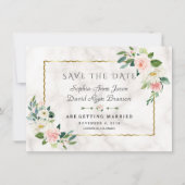 Elegante Roze Bloemen Gouden Frame Marmeren Huweli Save The Date (Voorkant)