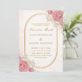 Elegante roze bloemen gouden frame Nuestra Boda Kaart (Staand voorkant)
