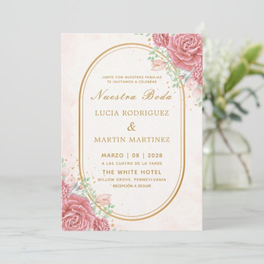 Elegante roze bloemen gouden frame Nuestra Boda Kaart (Staand voorkant)