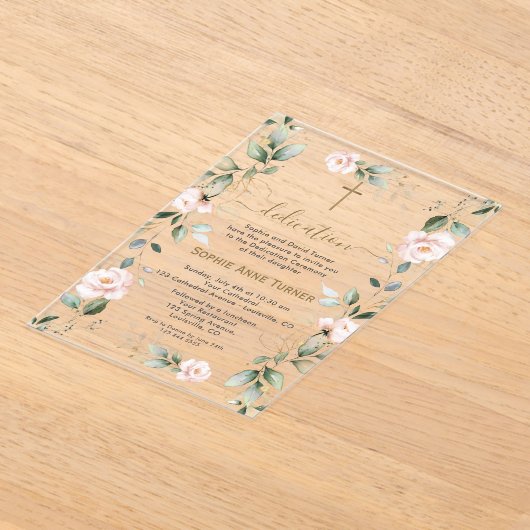 Elegante Roze Bloemen Gouden Groen Toewijding Acryl Uitnodigingen (Laagn)