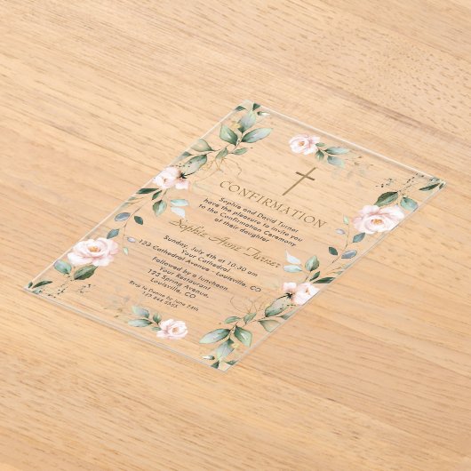 Elegante Roze Bloemen Gouden Groene Bevestiging Acryl Uitnodigingen (Laagn)