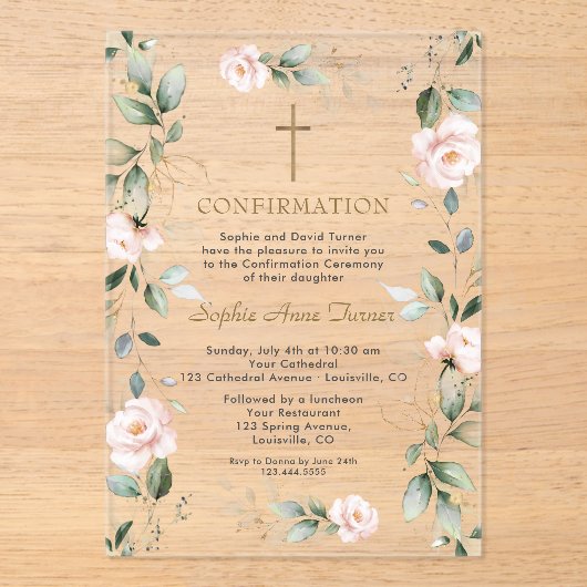 Elegante Roze Bloemen Gouden Groene Bevestiging Acryl Uitnodigingen (Voorkant)