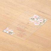 Elegante Roze Bloemen Gouden Kruis Doop Doop Acryl Uitnodigingen (Laagn)