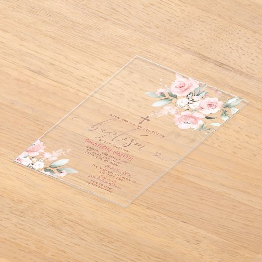 Elegante Roze Bloemen Gouden Kruis Doop Doop Acryl Uitnodigingen (Laagn)