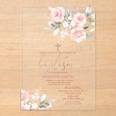 Elegante Roze Bloemen Gouden Kruis Doop Doop Acryl Uitnodigingen (Voorkant)