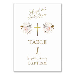 Elegante roze bloemen gouden kruis meisje doop kaart