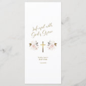 Elegante roze bloemen gouden kruis meisje doop menu (Achterkant)