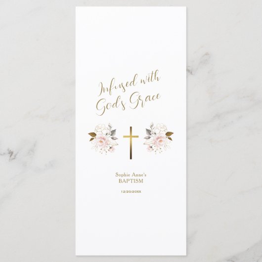 Elegante roze bloemen gouden kruis meisje doop menu (Achterkant)