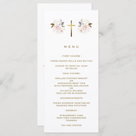 Elegante roze bloemen gouden kruis meisje doop menu (Voorkant / Achterkant)