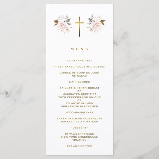 Elegante roze bloemen gouden kruis meisje doop menu (Voorkant)