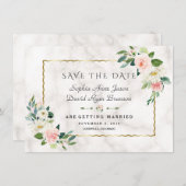 Elegante Roze Bloemen Gouden Lijst Marmeren Huweli Save The Date (Voorkant / Achterkant)