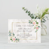 Elegante Roze Bloemen Gouden Lijst Marmeren Huweli Save The Date (Staand voorkant)