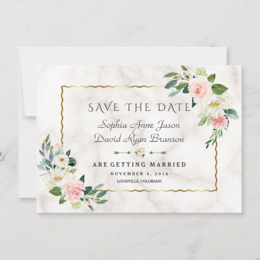 Elegante Roze Bloemen Gouden Lijst Marmeren Huweli Save The Date (Voorkant)