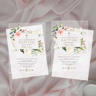 Elegante Roze Bloemen Gouden Lijst Meisje Doop Acryl Uitnodigingen