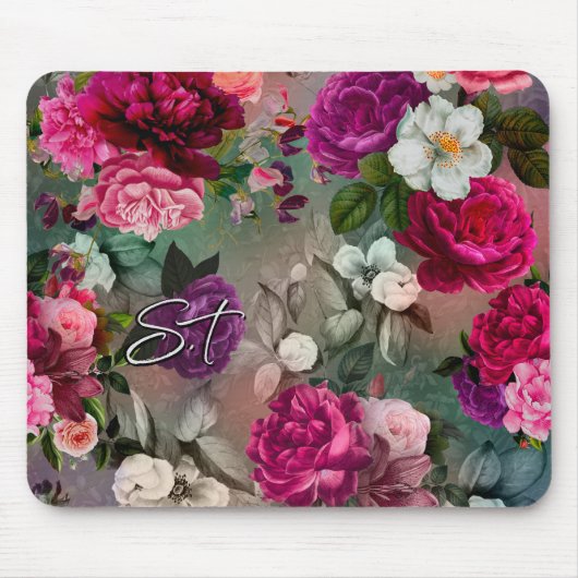 Elegante roze bloemen grijs monogram muismat (Voorkant)
