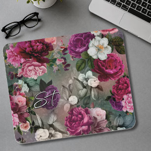 Elegante roze bloemen grijze monogram muismat