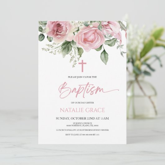 Elegante Roze Bloemen Groene Bladeren Doop Kaart (Staand voorkant)