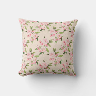 Elegante Roze Bloemen Groene Bladeren Lichtbruin Kussen