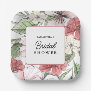 Elegante Roze Bloemen Groene Bruidsdouche Papieren Bordje