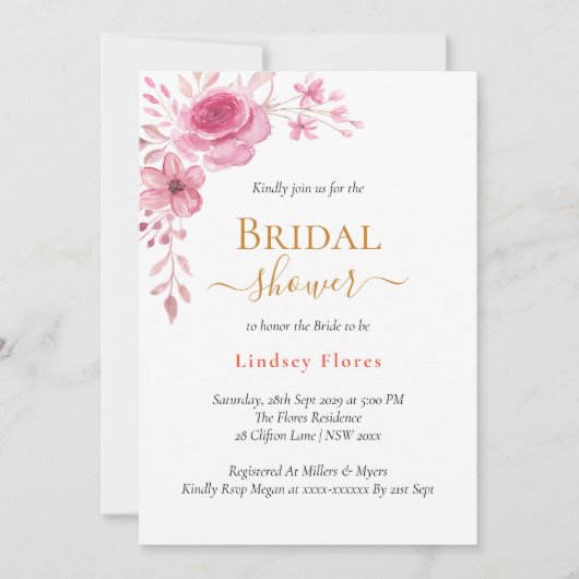 Elegante Roze Bloemen Groene Tinten Gouden Bruidsm Kaart (Voorkant)