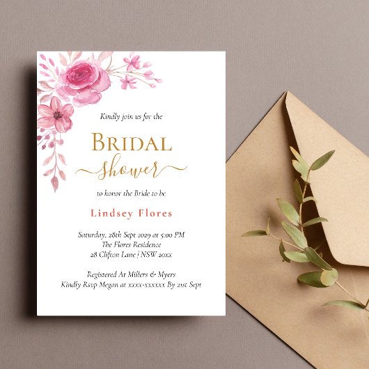 Elegante Roze Bloemen Groene Tinten Gouden Bruidsm Kaart