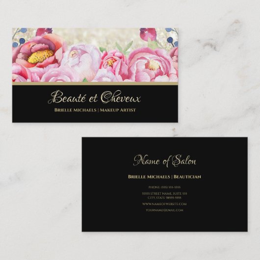 Elegante Roze Bloemen Haar en Schoonheidssalon Visitekaartje (Voorkant / Achterkant)
