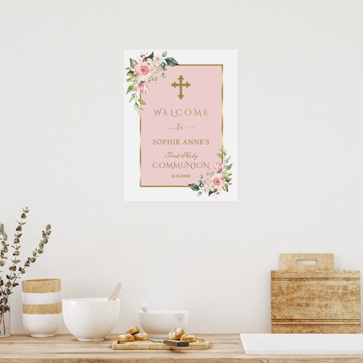 Elegante roze bloemen Heilige Communie Welkomstbor Poster (Keuken)